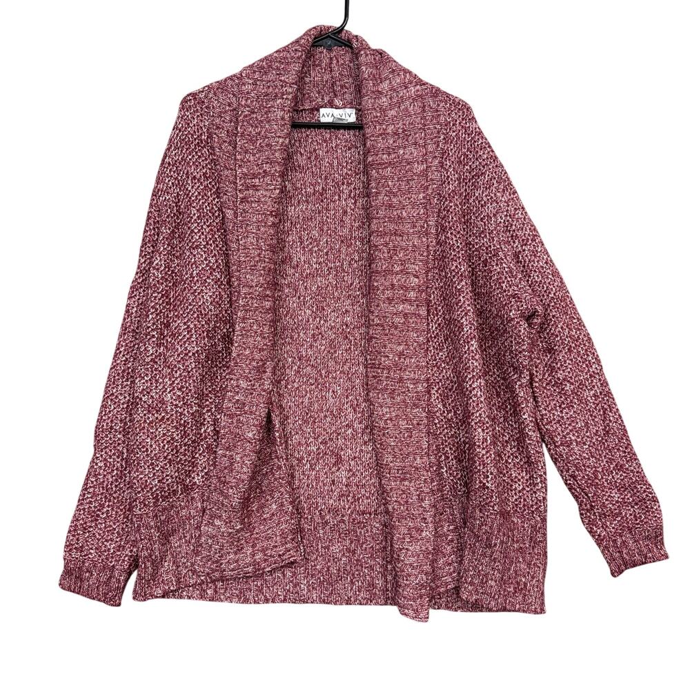 Ava & Viv Womens Cardigan Burgundy White Knit Open Front Drape Plus X